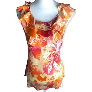 Women’s Tropical Print Floral Ruffled Sleeveless Silky Blouse